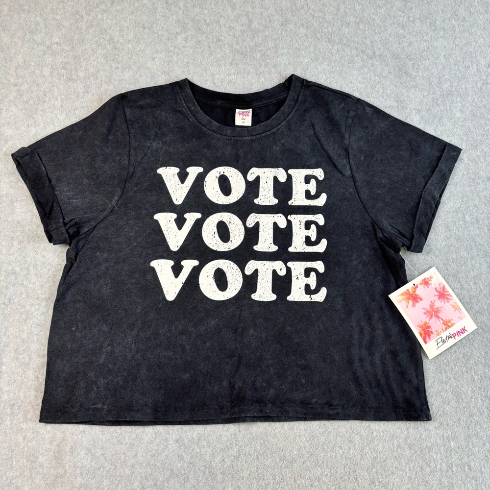Black Graphic Crop Top with Bold‎ Vote Electric Pink Size M NWT